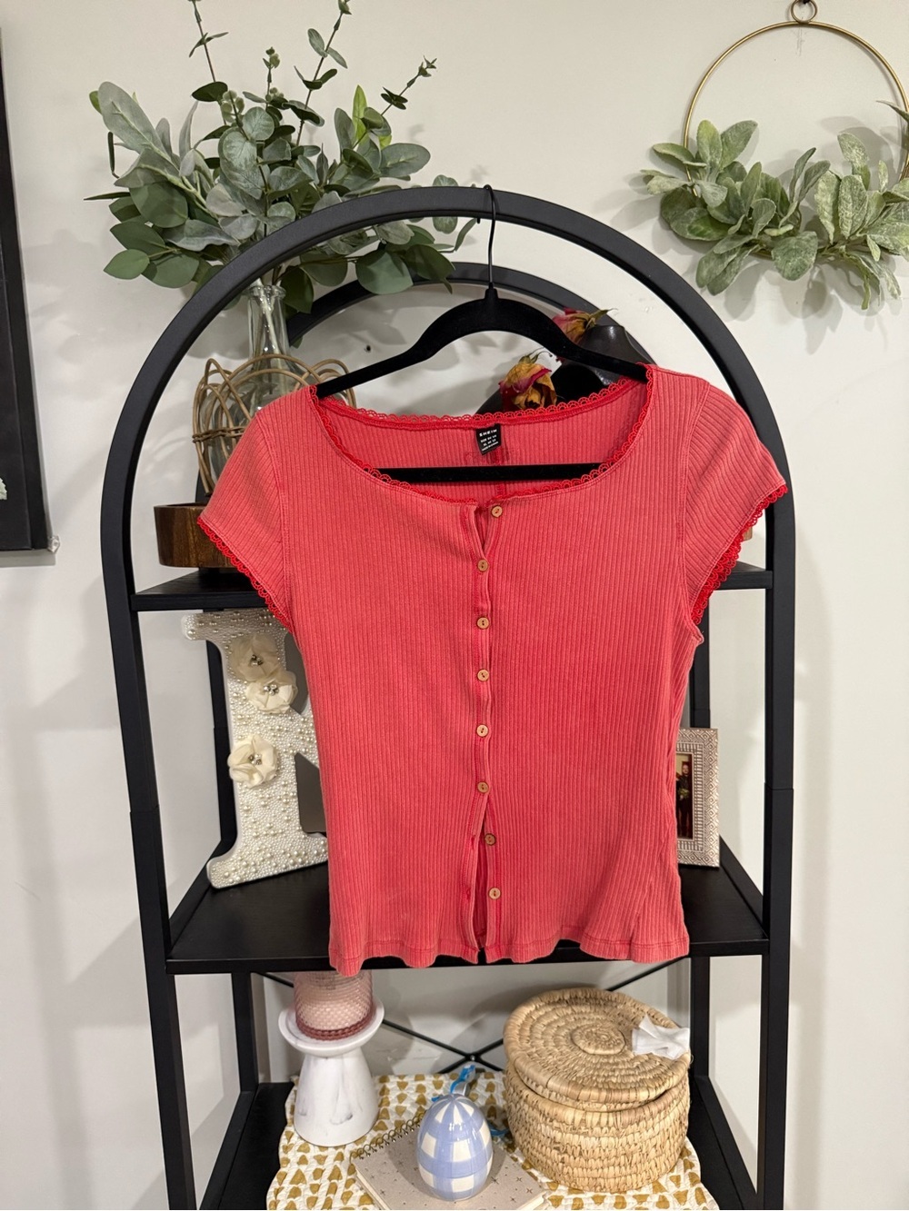 SHEIN Coral Pink Ribbed Button-Front Crop Top size xl